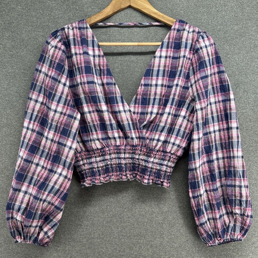 NWT Zara Blouse Womens Small Plaid Wrap Front Long Sleeve Crop Top V Neck Pink
